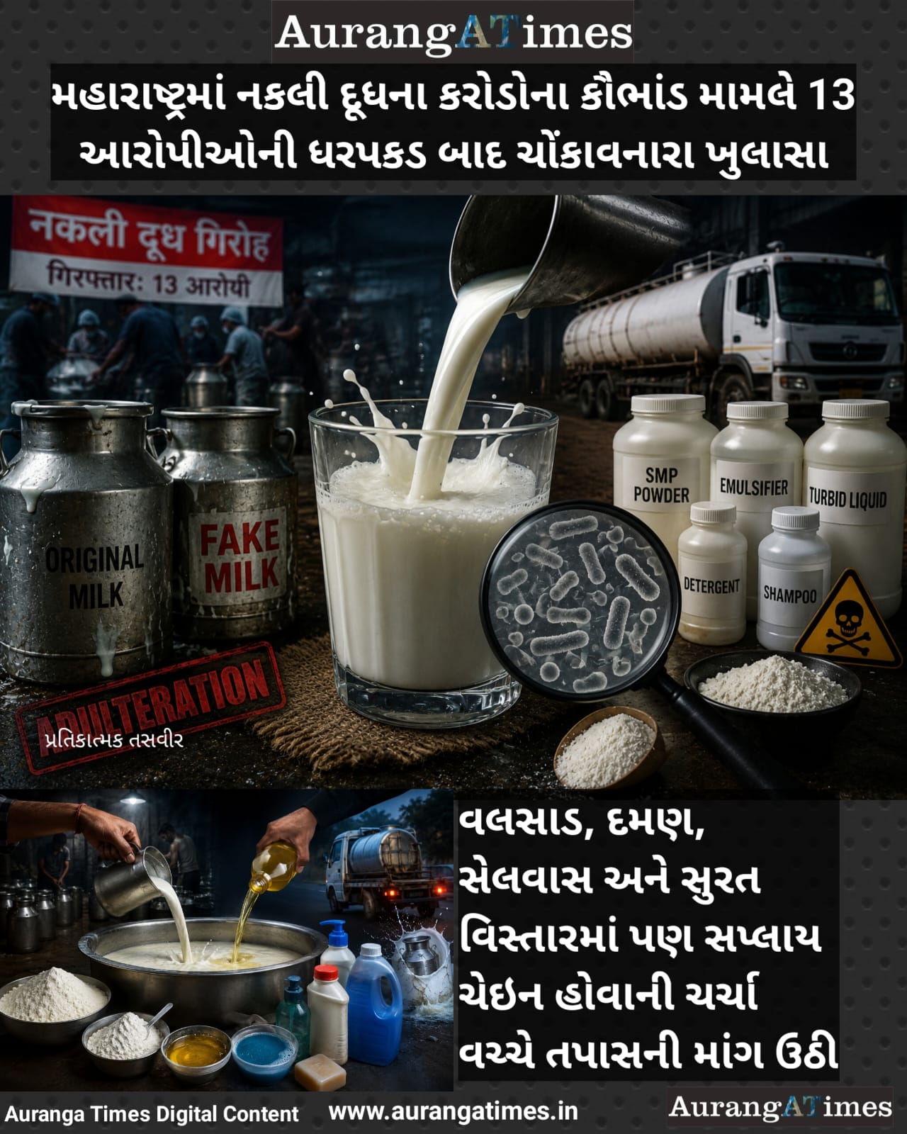 મહારાષ્ટ્રમાં નકલી દૂધના કરોડોના કૌભાંડ મામલે 13 આરોપીઓની ધરપકડ બાદ ચોંકાવનારા ખુલાસા; વલસાડ, દમણ, સેલવાસ અને સુરત વિસ્તારમાં પણ સપ્લાય ચેઇન હોવાની ચર્ચા વચ્ચે તપાસની માંગ ઉઠી.