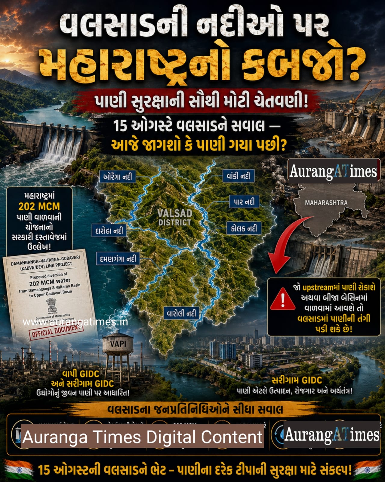 વલસાડની નદીઓ પર મહારાષ્ટ્રનો કબજો? પાણી સુરક્ષાની સૌથી મોટી ચેતવણી! 15 ઓગસ્ટે વલસાડના જનપ્રતિનિધિઓને સવાલ — આજે જાગશો કે પાણી ગયા પછી?